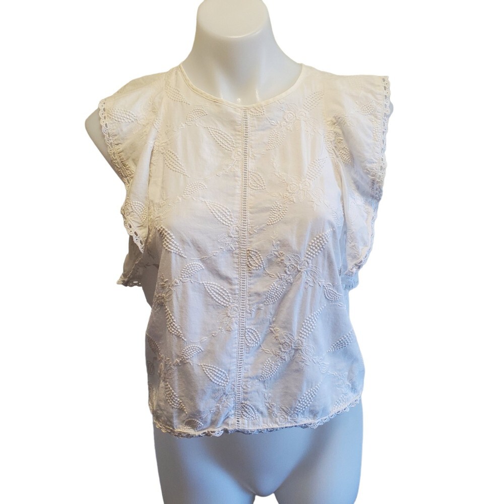 Hinge White Floral Eyelet Peplum Flutter Cap Sleeve Cotton Sleeveless Blouse Sm